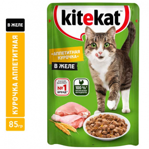 Корм консервированный полнорационный «KITEKAT» для взрослых кошек с курицей в желе, 85 г.
