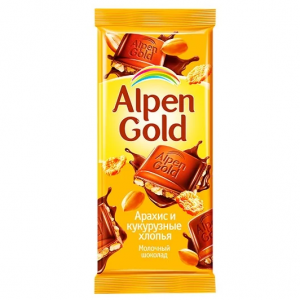 Шоколад Alpen Gold молочный с арахисом и кукурузными хлопьями, 85 г.