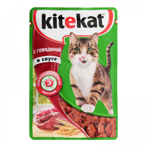 Корм консервированный полнорационный “KITEKAT” для взрослых кошек со вкусом говядины в соусе “Сочная говядина”, 85 г.